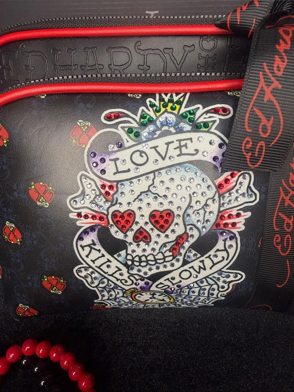 Ed Hardy Black Cosmetic Pouch with Red Trim & Rhinestone Tattoo Skull